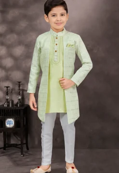Embroidered Art Silk Jacquard Layered Sherwani in Sea Green