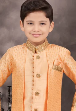 Embroidered Art Silk Jacquard Layered Sherwani in Light Orange