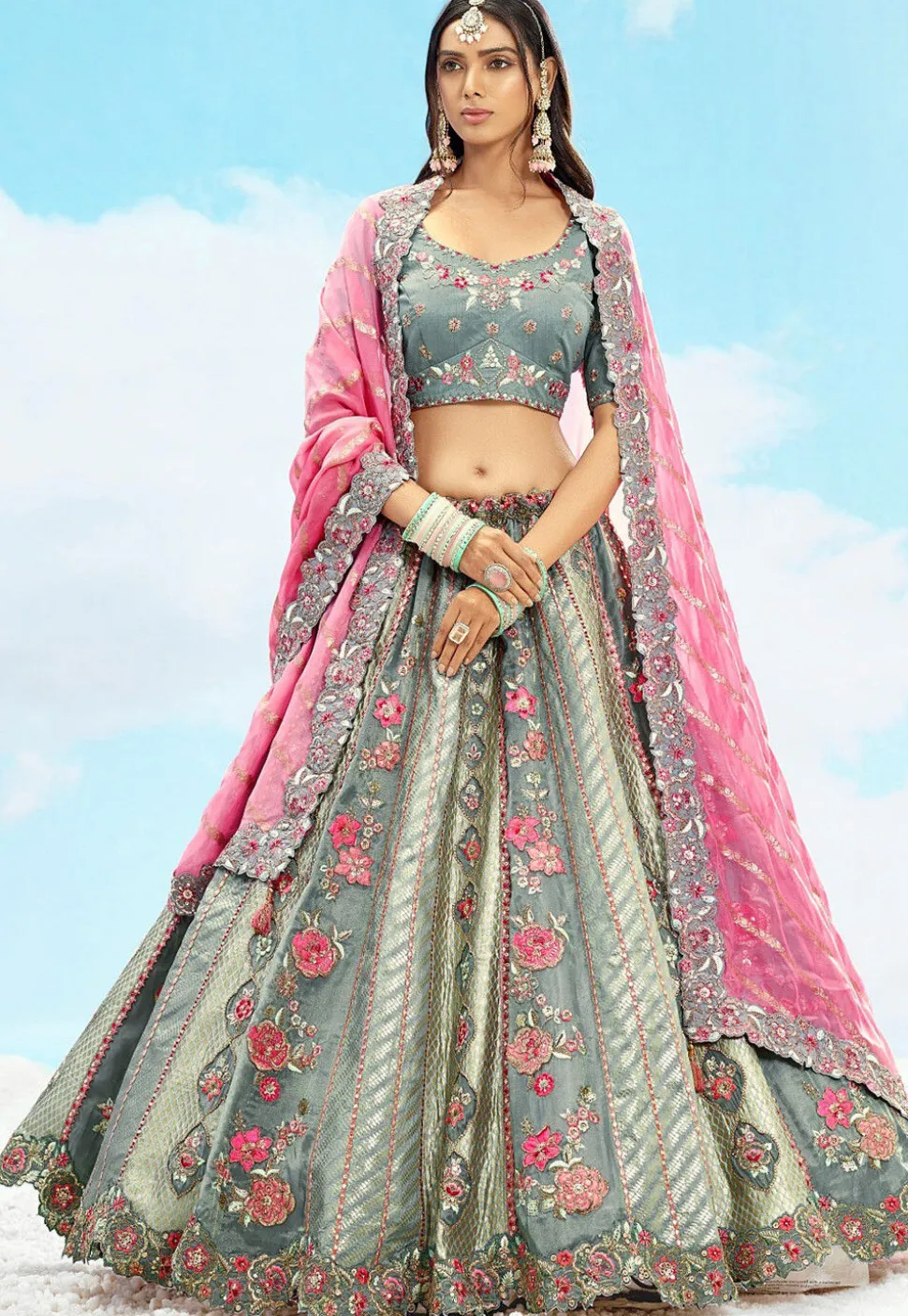 Embroidered Art Silk Jacquard Lehenga in Grey