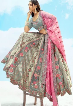 Embroidered Art Silk Jacquard Lehenga in Grey