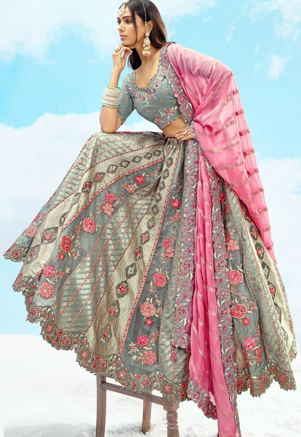 Embroidered Art Silk Jacquard Lehenga in Grey