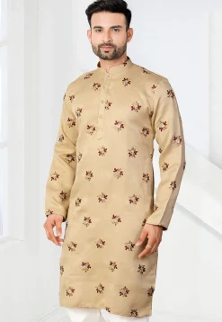 Embroidered Art Silk Jacquard Kurta in Beige