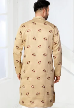 Embroidered Art Silk Jacquard Kurta in Beige