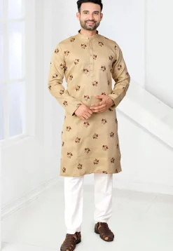 Embroidered Art Silk Jacquard Kurta in Beige