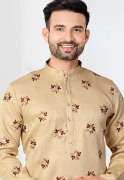 Embroidered Art Silk Jacquard Kurta in Beige