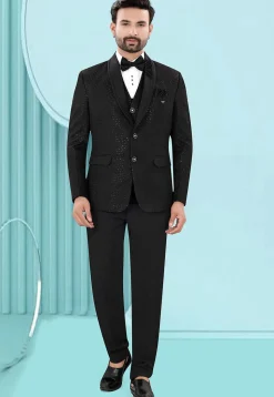 Embroidered Art Silk Jacquard Tuxedo in Black