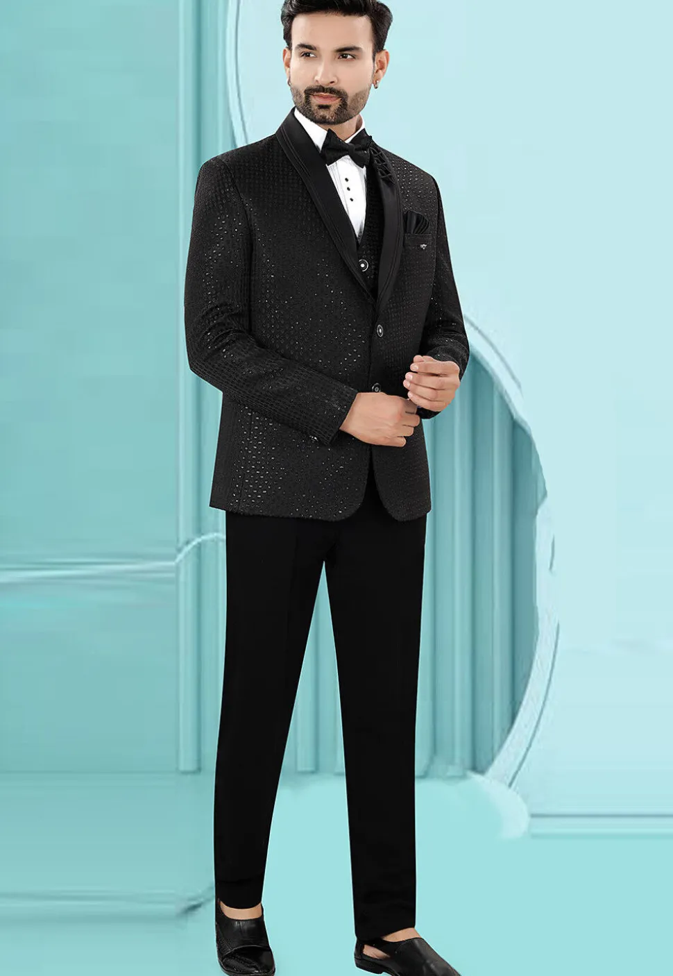 Embroidered Art Silk Jacquard Tuxedo in Black