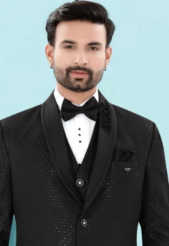 Embroidered Art Silk Jacquard Tuxedo in Black