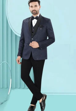 Embroidered Art Silk Jacquard Tuxedo in Blue