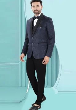 Embroidered Art Silk Jacquard Tuxedo in Blue