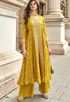 Embroidered Art Silk Jacquard Pakistani Suit in Mustard