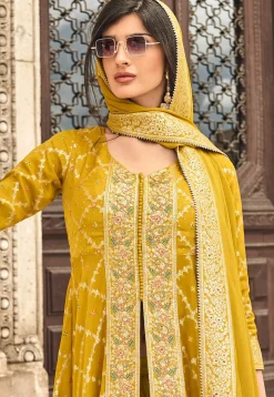 Embroidered Art Silk Jacquard Pakistani Suit in Mustard
