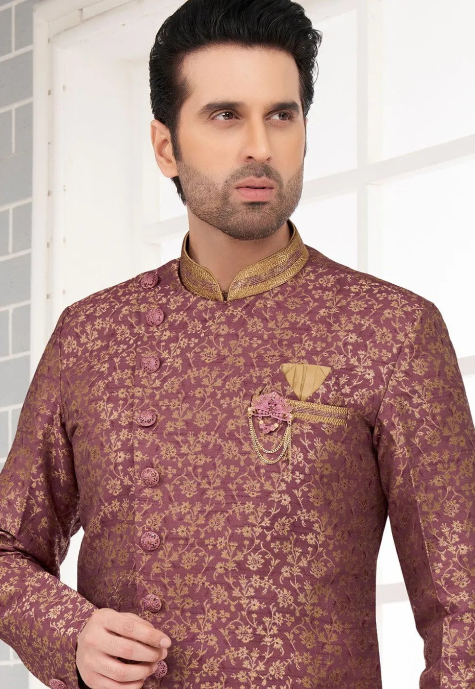 Embroidered Art Silk Jacquard Dhoti Kurta in Old Rose