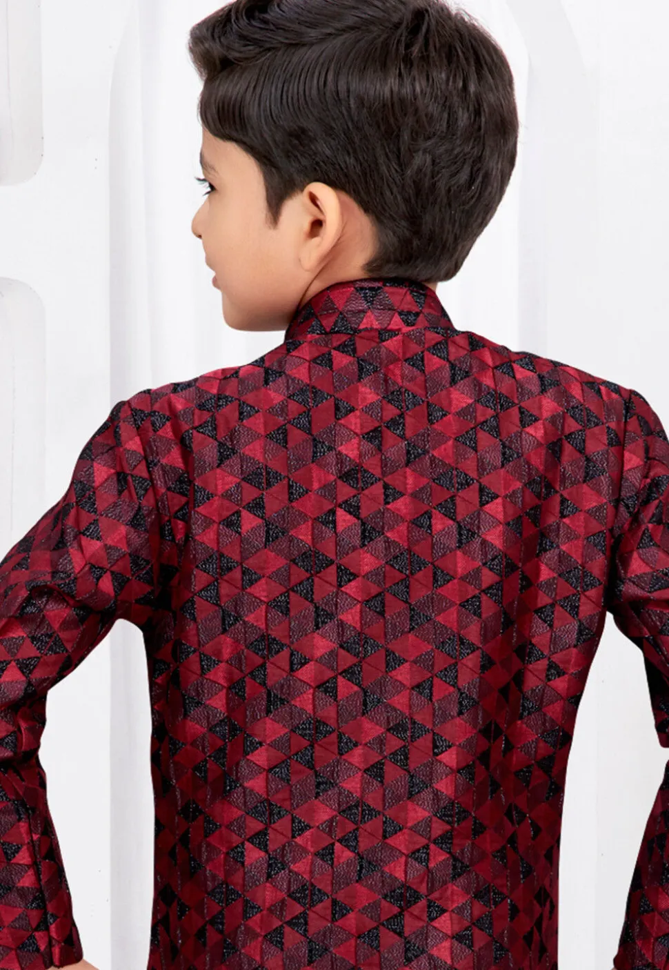 Embroidered Art Silk Jacquard Sherwani in Black and Maroon