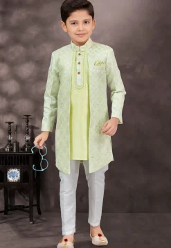 Embroidered Art Silk Jacquard Layered Sherwani in Light Green