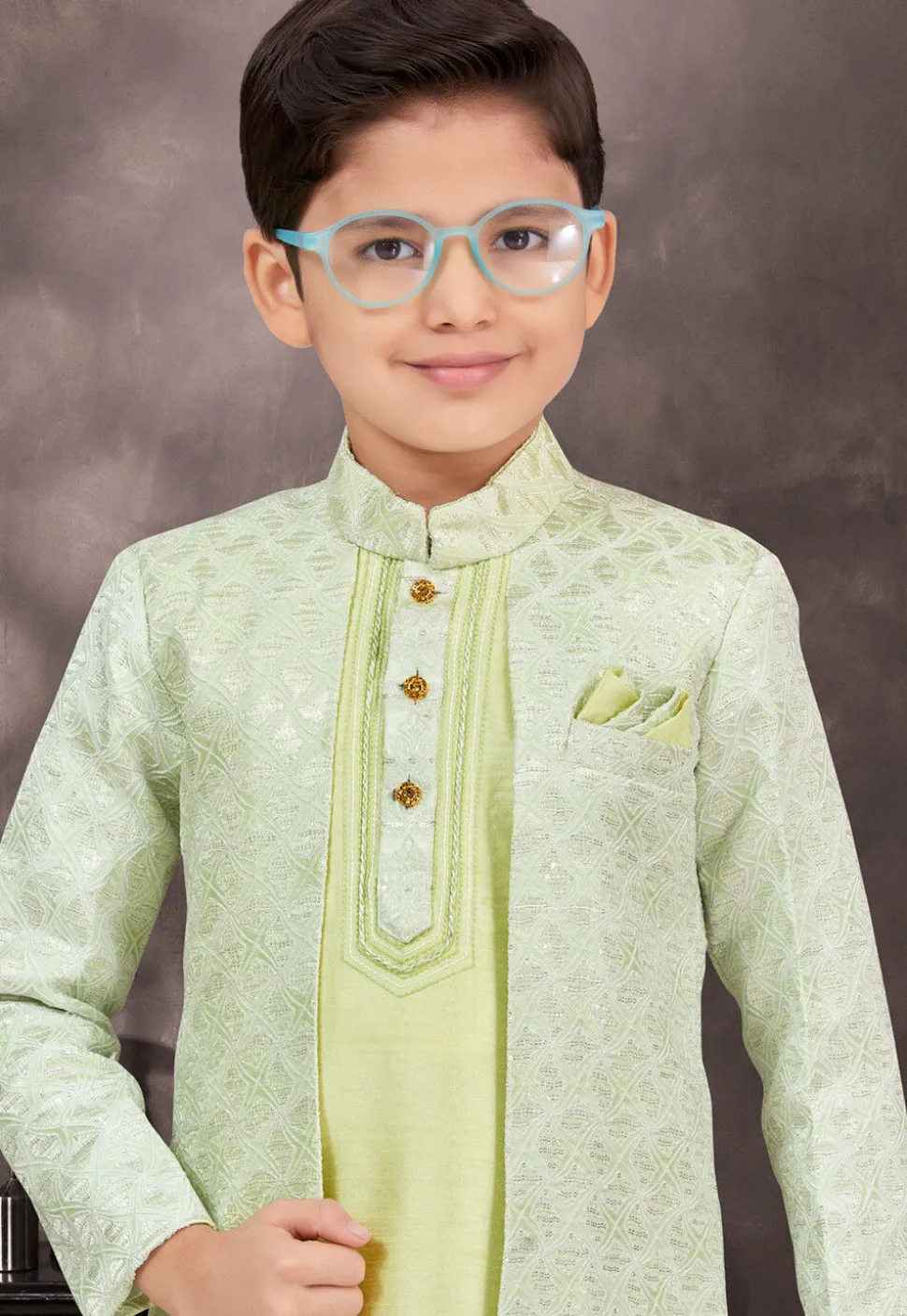 Embroidered Art Silk Jacquard Layered Sherwani in Light Green