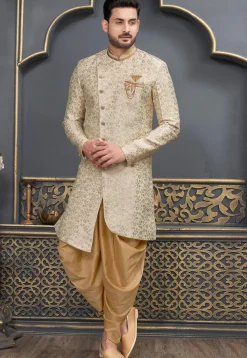 Embroidered  Art Silk Jacquard Dhoti Kurta in Cream