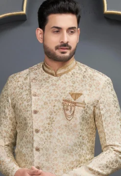 Embroidered  Art Silk Jacquard Dhoti Kurta in Cream
