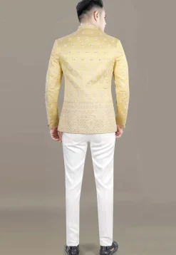 Embroidered Art Silk Jacquard Jodhpuri Jacket in Yellow