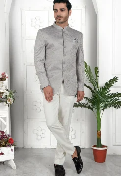 Embroidered Art Silk Jacquard Jodhpuri Jacket in Grey
