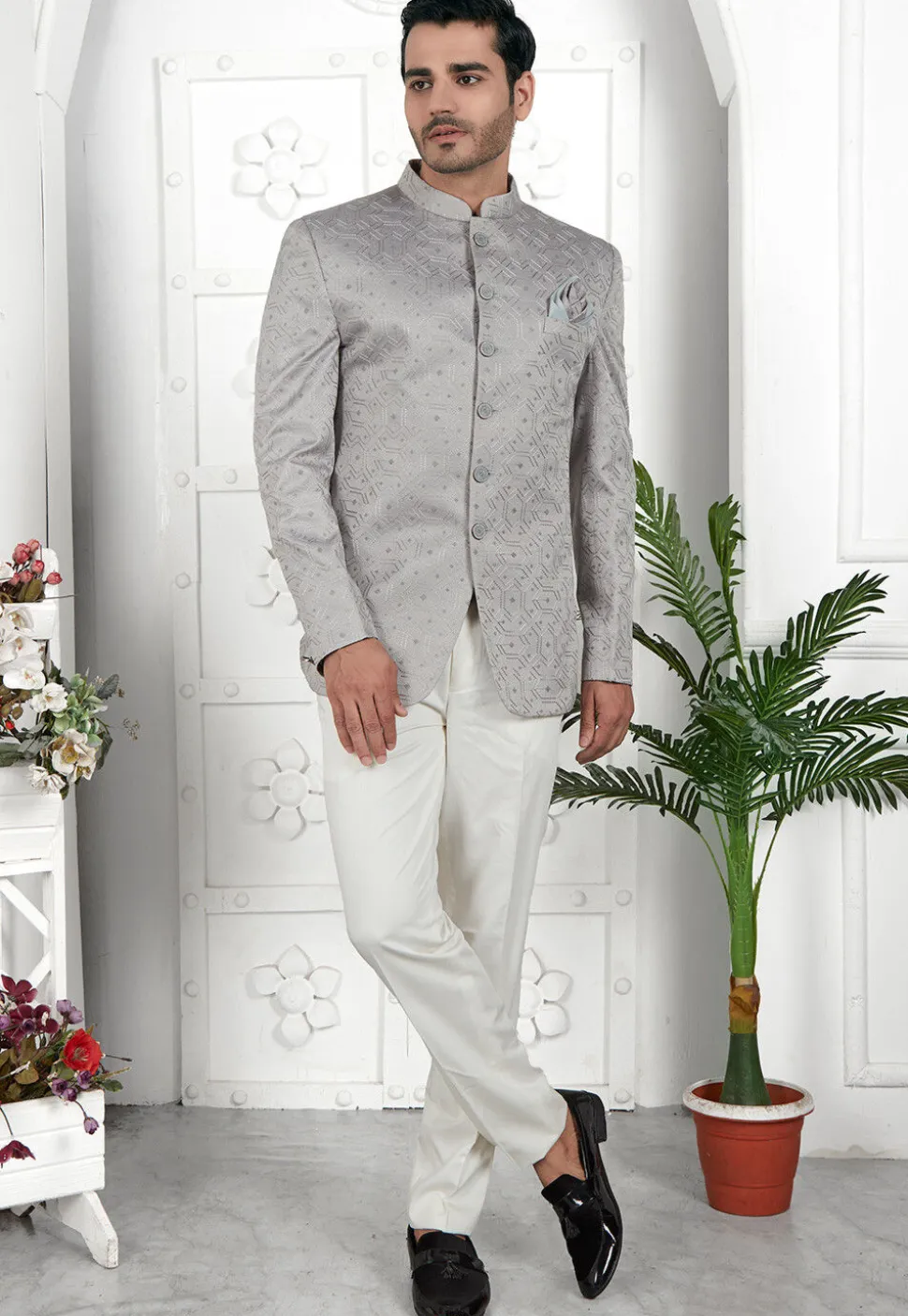 Embroidered Art Silk Jacquard Jodhpuri Jacket in Grey
