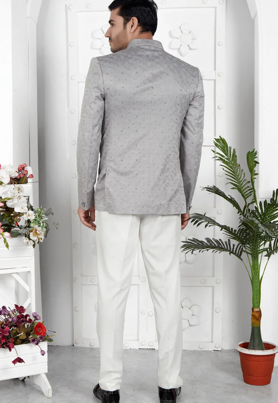 Embroidered Art Silk Jacquard Jodhpuri Jacket in Grey