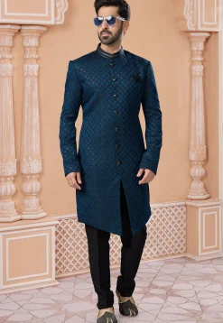 Embroidered Art Silk Jacquard Sherwani in Teal Blue