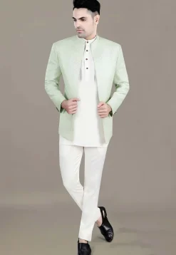 Embroidered Art Silk Jacquard Jodhpuri Jacket in Light Green