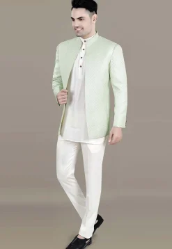 Embroidered Art Silk Jacquard Jodhpuri Jacket in Light Green
