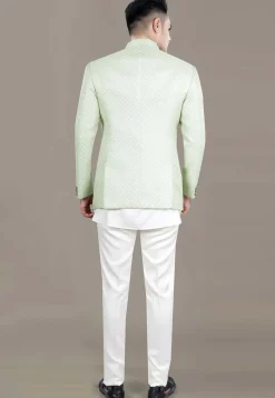 Embroidered Art Silk Jacquard Jodhpuri Jacket in Light Green