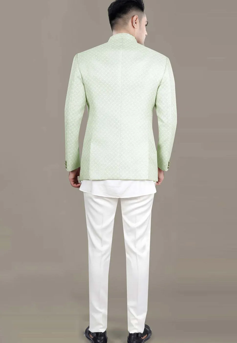 Embroidered Art Silk Jacquard Jodhpuri Jacket in Light Green