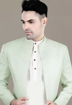 Embroidered Art Silk Jacquard Jodhpuri Jacket in Light Green