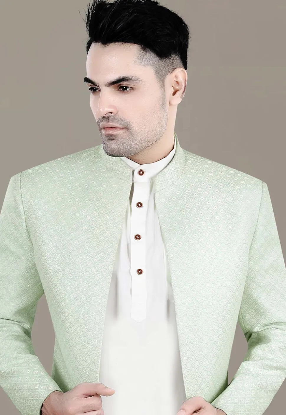 Embroidered Art Silk Jacquard Jodhpuri Jacket in Light Green
