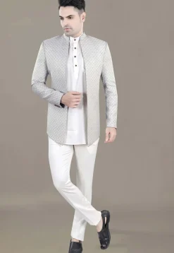 Embroidered Art Silk Jacquard Jodhpuri Jacket in Grey