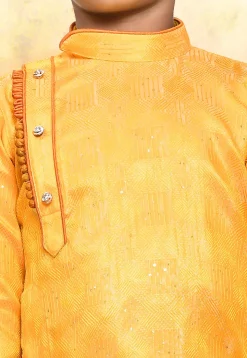 Embroidered Art Silk Jacquard Kurta Set in Yellow