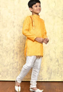 Embroidered Art Silk Jacquard Kurta Set in Yellow