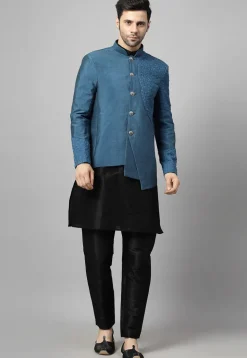 Embroidered Art Silk Jodhpuri Suit in Black