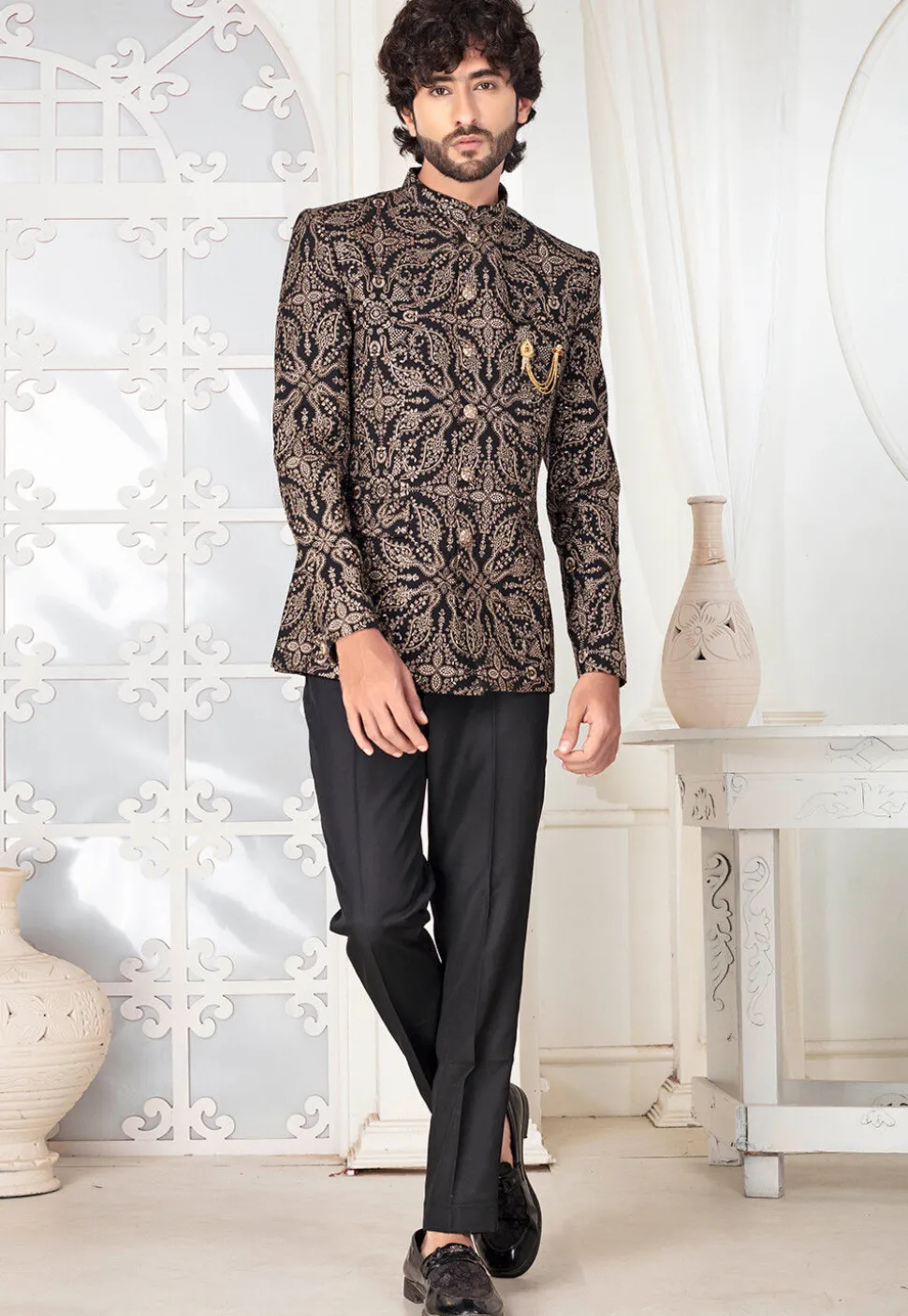 Embroidered Art Silk Jodhpuri Suit in Black