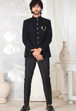 Embroidered Art Silk Jodhpuri Suit in Black