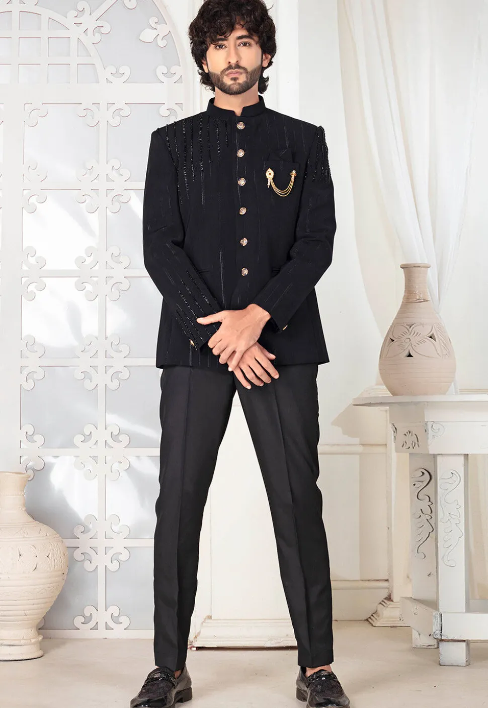 Embroidered Art Silk Jodhpuri Suit in Black