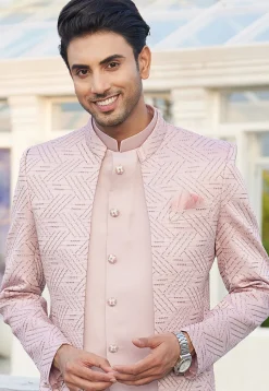 Embroidered Art Silk Jodhpuri Suit in Pink