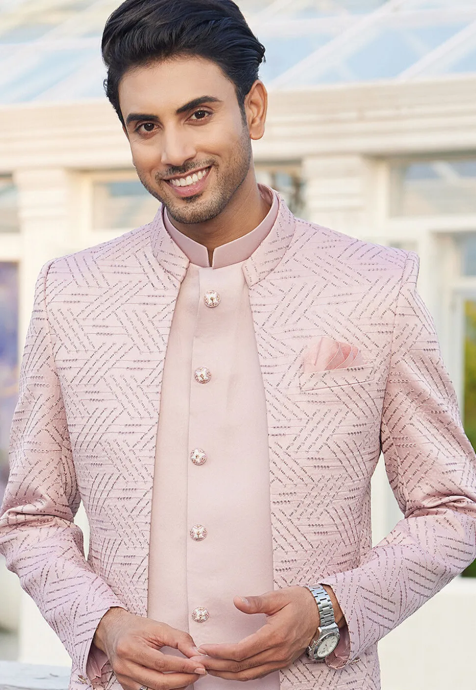 Embroidered Art Silk Jodhpuri Suit in Pink
