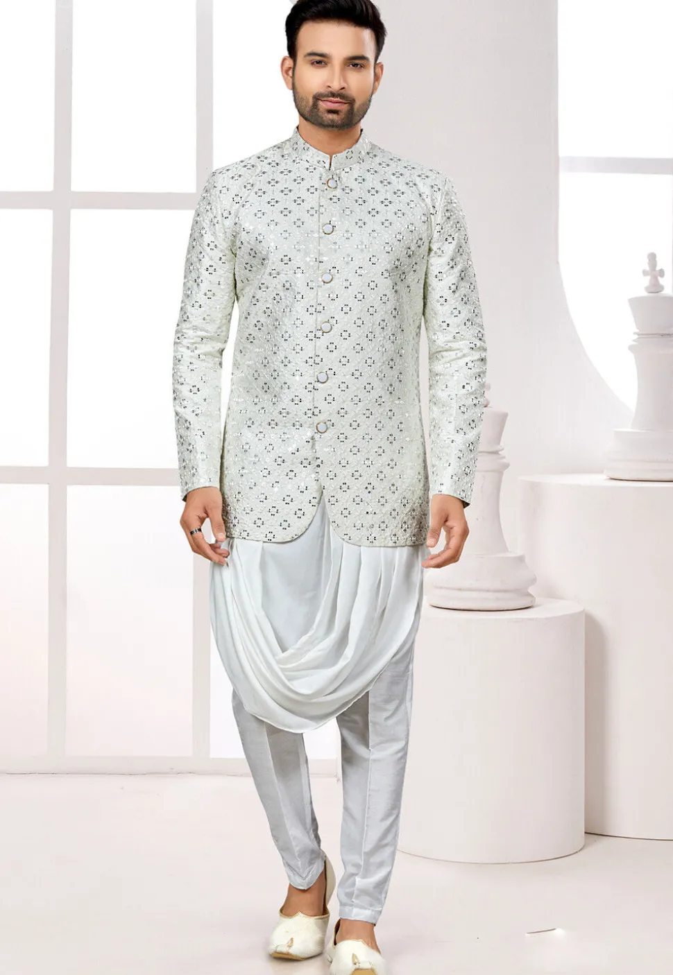 Embroidered Art Silk Jodhpuri Suit in Off Off White White