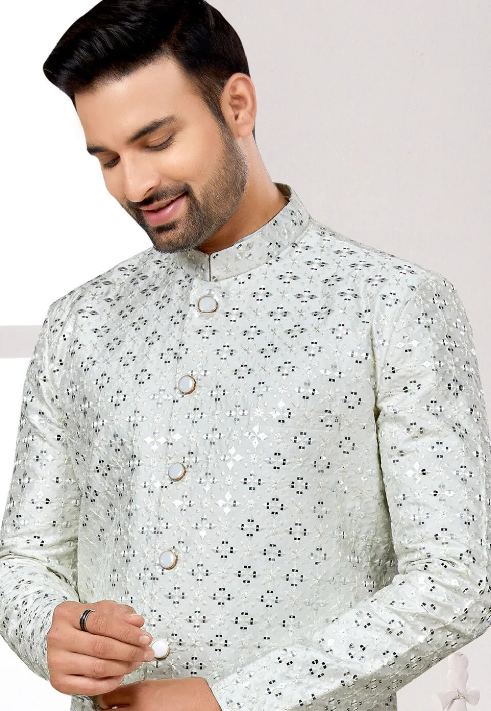 Embroidered Art Silk Jodhpuri Suit in Off Off White White