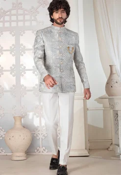 Embroidered Art Silk Jodhpuri Suit in Sky Blue