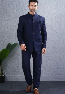 Embroidered Art Silk Jodhpuri Suit in Navy Blue
