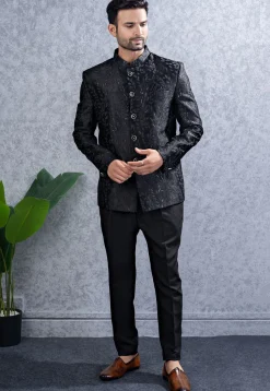 Embroidered Art Silk Jodhpuri Suit in Black