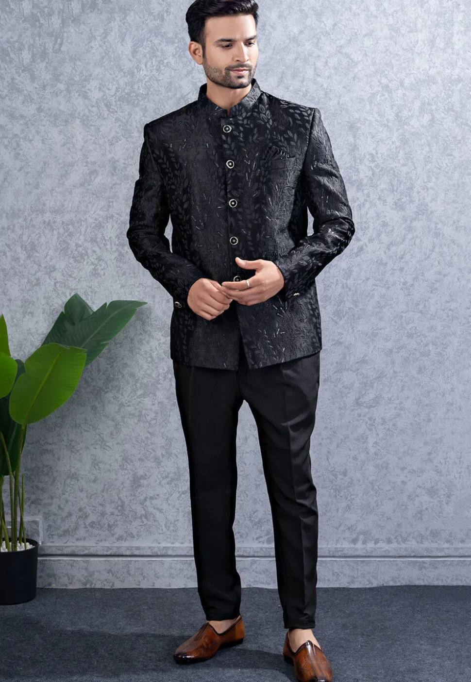 Embroidered Art Silk Jodhpuri Suit in Black