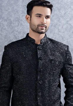 Embroidered Art Silk Jodhpuri Suit in Black