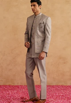 Embroidered Art Silk Jodhpuri Suit in Grey